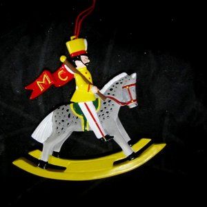SOLID METAL FLAT CHRISTMAS ORNAMENT, W/GRAY DAPPLED ROCKING HORSE, WITH SOLDIER